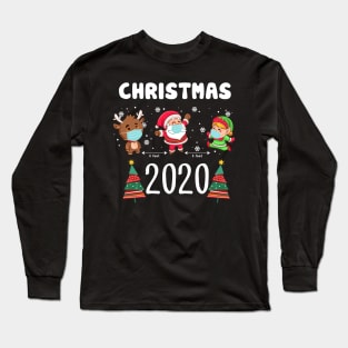 Santa Wearing Mask Elf Reindeer Snows Pine Tree Quarantine Christmas 2020 Long Sleeve T-Shirt